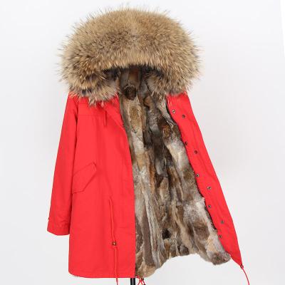 China Anti-Wrinkle Drop-Boat MAOMAOKONG Natural Rex Rabbit Fur Lined Coat Women Parkas Long Raccoon Fur Collar Coat Fur Jackets for sale