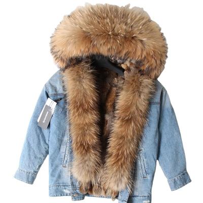 China Founder Winter Sale Women's Viable Denim Series Light Blue Shaggy Long Fur Bomber Rabbit Fur Coat and Real Raccoon Fur Hood for sale