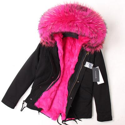 China Fashion Winter Women's Hood And Detachable Real Rabbit Fur Raccoon Fur Striped Coat Waterproof Shaggy Fluffy Big Fur Parka for sale