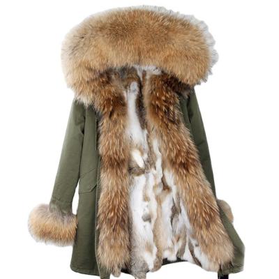 China 2020 Sale Winter Women's Big Real Raccoon Hood and Rabbit Rabbit Fur Lining Waterproof Warm Parka Detachable Plus Size Extra Long Fur Trench Coat for sale