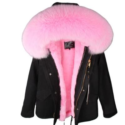 China Pink Series Women's Winter Fur Parka Short Faux Fur Coating Waterproof Fluffy Hooded Inside Real Fox Fur for sale