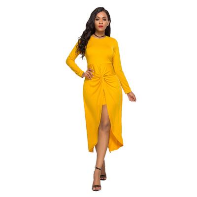 China Anti-wrinkle hot sale sexy round collar women dresses pleated split solid color women long sleeve dresses plus size women dress for sale