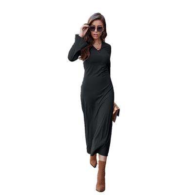 China New Design Latest Anti-Wrinkle Fashion Wholesale Sexy Spring Long Sleeve Solid V-Neckline Knitted Dresses Women Slim Long Dress for sale