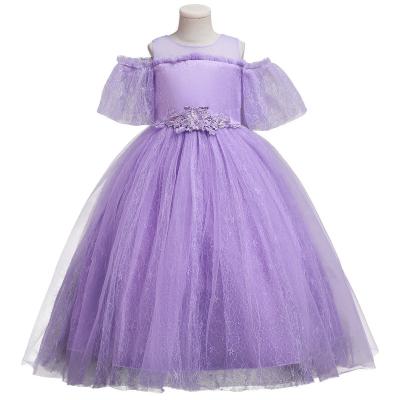 China Custom Made Off-Shoulder Kids Clothing Lace Up Edge Embroidery Layered Tulle Girl Bridesmaid Wedding Party Summer Bridesmaid Prom Maxi Dresses for sale