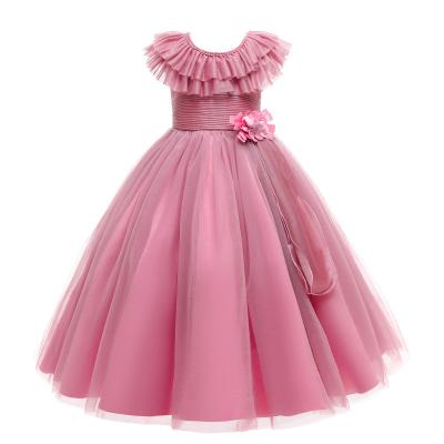 China Sleeveless Custom Kids Clothing Lace Up Edge Embroidery Layered Tulle Girl Bridesmaid Wedding Party Summer Bridesmaid Prom Maxi Dresses for sale