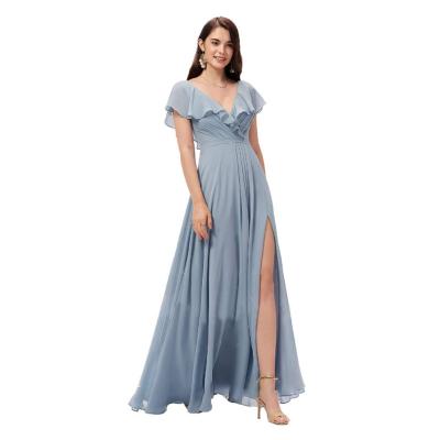 China Breathable V Neck Long Chiffon A Line Bridesmaids Dresses Women Dresses Ruffles Long Dress for sale