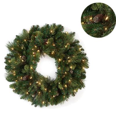 China Popular 60cm PVC Green Pre-Lit Artificial Christmas Garland with Cones Berry Clusters Frosted Decorated Pine Branches Lights for sale