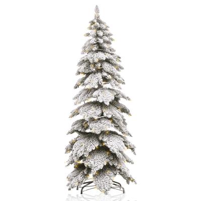 China Eco-friendly Flocking Crayon Snow Tree With Lamp Snow Covered Thin Artificial Led Christmas Tree Green Christmas Tree for sale