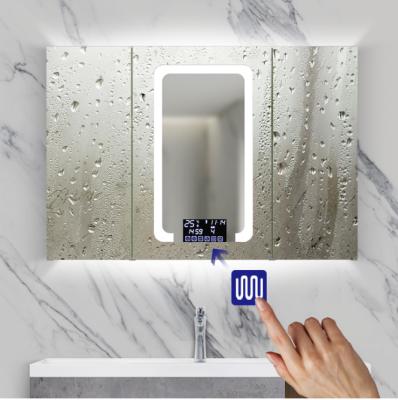 China 2021 Three Door Modern Stainless Steel Bathroom LED Mirror Cabinet Bathroom Multifunctional Vanity Mirror YMT-S80 for sale