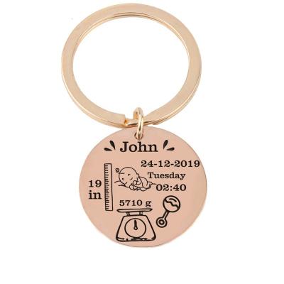 China Eco - Friendly Personalized Birthweight Waist Round Baby Mute Key Chain Name Date for sale