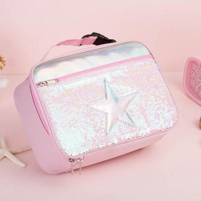 China Laser Sequins Large Capacity Fashion Travel Little Girl Lunch Bag School Kids Insulation Lightweight Shiny Pink Cute Portable Bags for sale