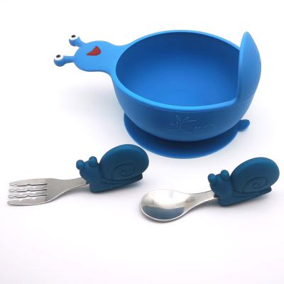 China Cute Viable Cartoon Snails Shape Anti Puddle Silicon Baby Snacks Suction Feeding Bowl Set With Spoon And Fork for sale