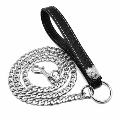 China DETACHED Handle Chain Leather Dog Stainless Steel Mount Custom Pet Collar Leash for sale