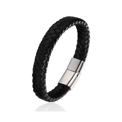 China Stainless Steel Fashion Cool Black Braid Woven Leather Bracelet With Stainless Steel Clasp Bracelet Mens Bangle Mens Jewelry Vintage Gift for sale