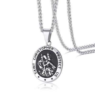 China Vintage Cool Mens Stainless Steel Jewelry Christian Catholic Cross Necklaces Remembrance Saint St Christopher Necklace for sale