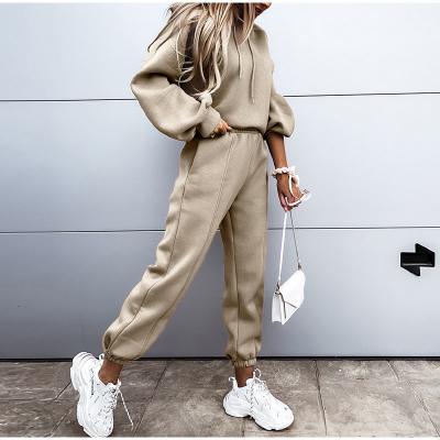 China Solid Color Breathable Casual Hooded Sweatshirt Sportswear Dropshipping Autumn Winter Women Two Piece Set for sale