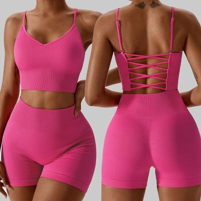 China Breathable High Quality Fitness Clothing Leggings Ropa Deportiva Gym ActiveWear 3Piece Workout Women Ribbed Seamless Yoga Set For Women for sale