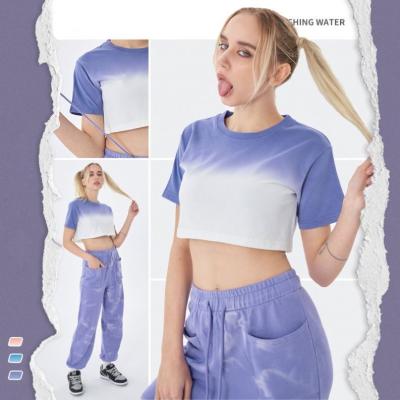 China Anti-wrinkle OEM Factory Logo Washed Gradient Drop Shoulder Custom Women's T-shirt Loose Crewneck Cotton Shorts Sleeved Sport Crop Tops for sale