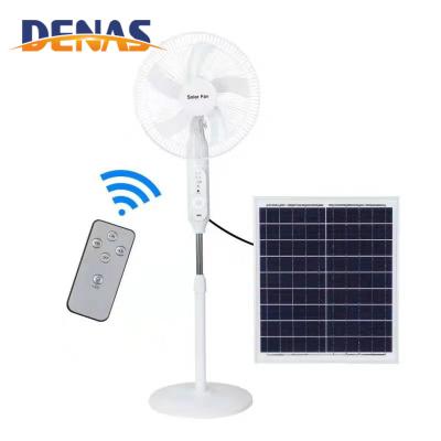 China New Design Commercial Home Use 25W 12V Smart Remote Control Solar Pedestal Fan with Usb Charging and 5V Bulb Output for sale