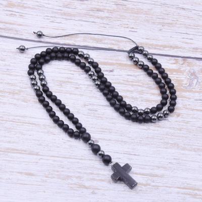 China Lucky Blcak Natural Stone Cross Pendants Chains Necklace Mens 6mm Beads Mens Womens Gifts Jewelry Copper Necklace NK106 for sale