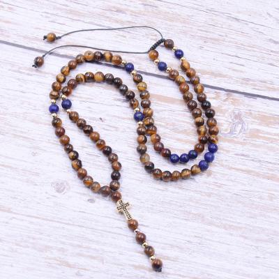 China Men's Long Necklace 6mm Tiger Eye Stone Beads Necklace with Mala Jewelry NK102 4mm CZ Copper Cross Beads Pendant Men's Necklace for sale