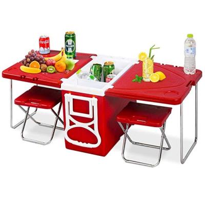 China Sustainable Multi Function Rolling Cooler With Table And 2 Picnic Chairs Camping Outdoor Blue And Red for sale