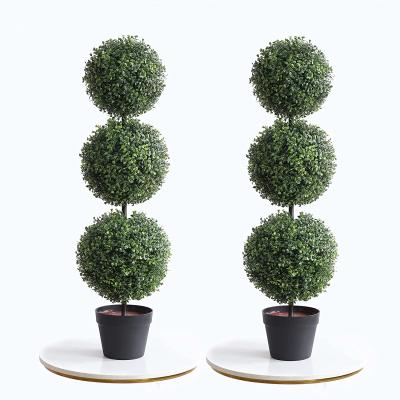 China Real Touch 37 Inch Artificial Triple Ball Boxwood Cypress Ball Topiary Tree For Garden Indoor Outdoor Decor Office Green Plants for sale