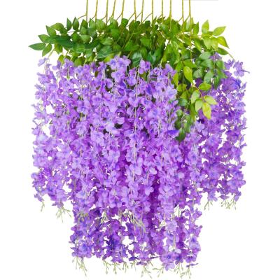 China Eco-friendly Bushy Silk Vine Ratta Pendant Garland Hanging Artificial Wisteria Flower for Wedding Outdoor Garden Greenery Office Wall Decor for sale