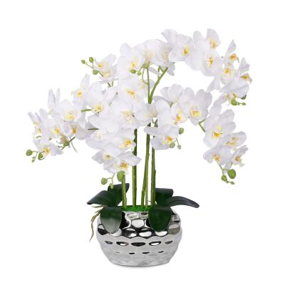 China Eco-friendly Artificial Orchid With Vase Artificial Flowers Fake Orchids Plant Silver Silk Phalaenopsis For Home Decor Kitchen Decoration for sale