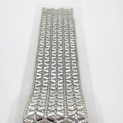 China Easy Apply Rhinestone Waist Decoration Trim Hot Fix Crystal Rhinestone On Mesh Or Glue For Bridal Cloting for sale