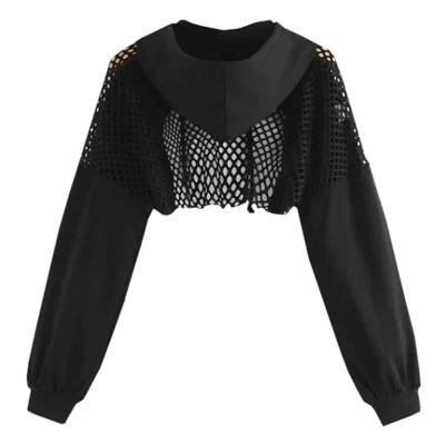 China 2020 Women's Hollow Crop Black QUICK DRY Hoodies Full Sleeve Autumn Mesh Patchwork Short Sweatshirt Long Sleeve Tops and Pullovers for sale