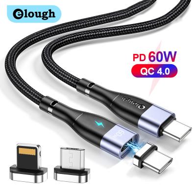 China Elough 3 in 1 Magnetic palladium 60W/20W/18W Cable Elough 3 in 1 Usb C C Micro Usb/Type-c 60w20w18w Magnetic palladium Charging Cable/8 Pin Data Cable for Laptop Phones for sale