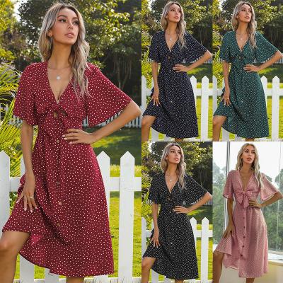 China YND950001 Dry Cleaning Vintage Printing Chiffon Dress Summer Women Short Sleeved Retro Dress Collar Casual Slim Dresses for sale