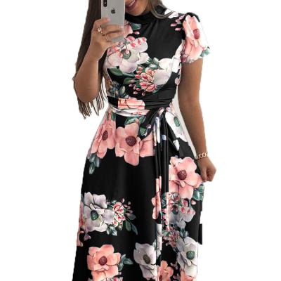 China YND950002 Dry Cleaning Vintage Printing Chiffon Dress Summer Women Short Sleeved Retro Dress Collar Casual Slim Dresses for sale