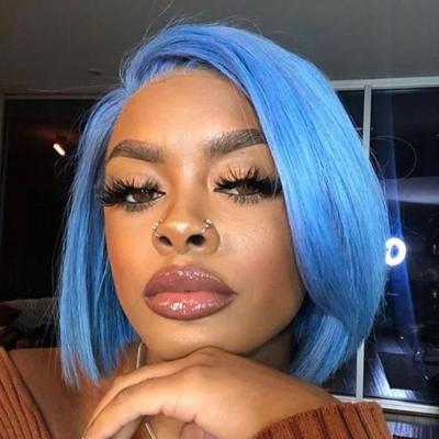 China Silky Straight Light Blue Color Short Wave Bob Wigs Light Blue Color Straight Lace Front Bob Wig for sale