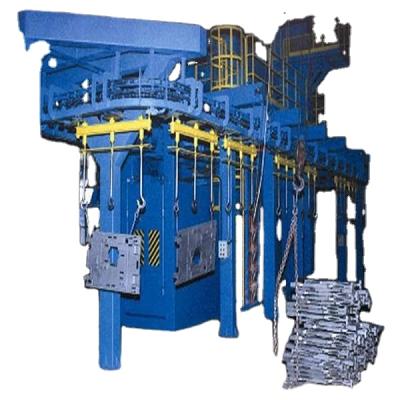 China Rims and Continuous Brake Pad Q38 Q48 Q58 Overhead Rail Conveyor Shot Blasting Machine for Mass Production Foundry Castings Metal Parts for sale