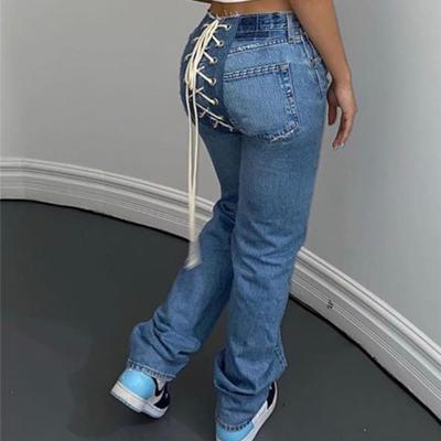 China Denim pants breathable full lace up jeans pants string pencil pants back with matching string for sale