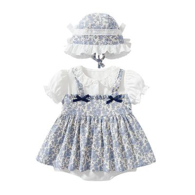 China Anti-Static Hot Selling Floral Print Romper Girls Summer Baby Sleeve Strap Lace Short Lapel Dress Sweet Dress for sale