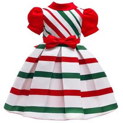 China New Arrival Breathable Latest Party Kids Casual Elegant Wear Girls Red And Green Striped Short Sleeves Bowknot Decorated Dress for sale