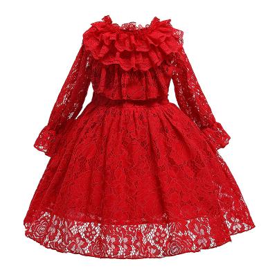 China New Arrival Fashion Boutique Style Breathable Fabulous Babies Red Long Collared Layered Sleeves Lace Up Party Princess Dress for sale