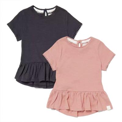 China Adorable New Arrival Design Summer Style Breathable For Girls Fashion Clothes Pink And Gray 100% Cotton Shorts Sleeved Peplum Edge Tops for sale