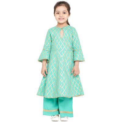 China New Ethnic Style Indian Children's Clothing Child Costume Cotton Indian Wear Girls Dress Cotton Green Printed Kurta With Palazzos for sale