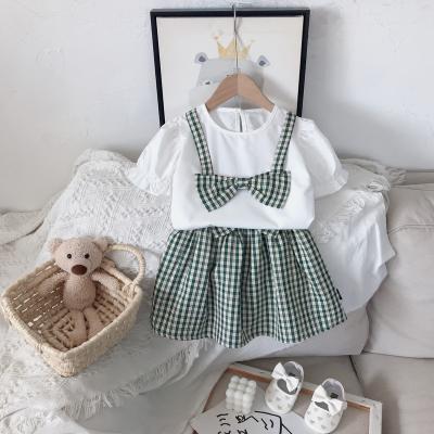 China New Design Baby Girls Cotton Bow Plaid Casual High Quality Top Babies Clothing Summer Girls Two Piece Set Skirt for sale