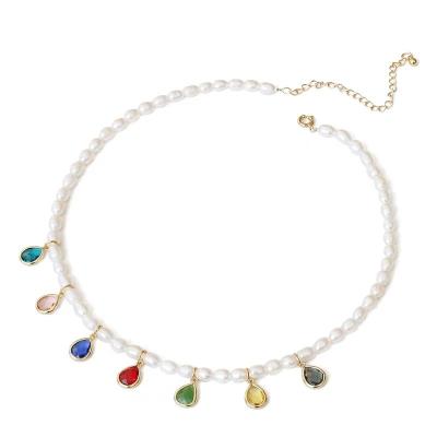 China TRENDY Statement Vintage Natural Pearl Jewelry Necklace 18K Gold Plated With Crystal Colored Gemstones Bead Beaded Necklace for sale