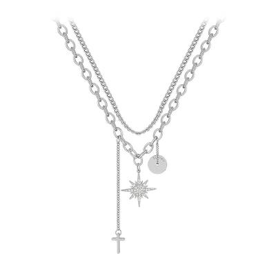 China Women's Hip Hop Jewelry Punk Necklace Double Crossed Tassel Star Stainless Steel Necklace Men's Layered Choker Pendant for sale