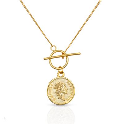 China Vintage 2022 925 Sterling Silver 18K Gold Plated Antique Queen's Master Coin Design Sweater Chain Pendant Necklace With OT Chain for sale