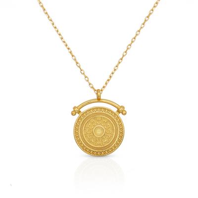 China 2022 925 Sterling Silver 18K Gold Plated TRENDY Roman Totem Sunflower Pattern Vintage Coin Pendant Necklace For Women for sale