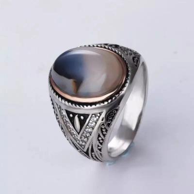 China CLASSIC European and American Fashion Style Natural Agate 925 Sterling Silver Men's Ring for sale