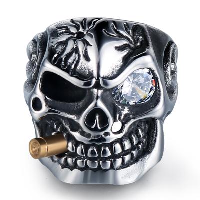 China Hip Hop 2022 316L Stainless Steel Gothic Punk Skull Ring With Cubic Zircon Hip Hop Jewelry Demon Ring For Men for sale