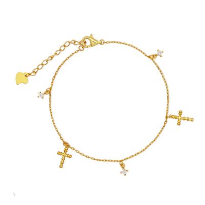 China TRENDY Jewelry 2022 Sterling Silver Fine 18K Gold Plated Charm Zirconia Tassel Thin Chain Cross Bracelets For Girls for sale